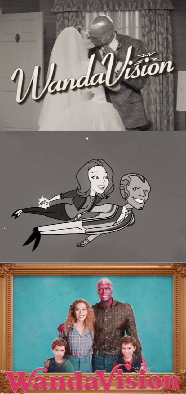WandaVision title cards from Episodes 1, 2, and 5