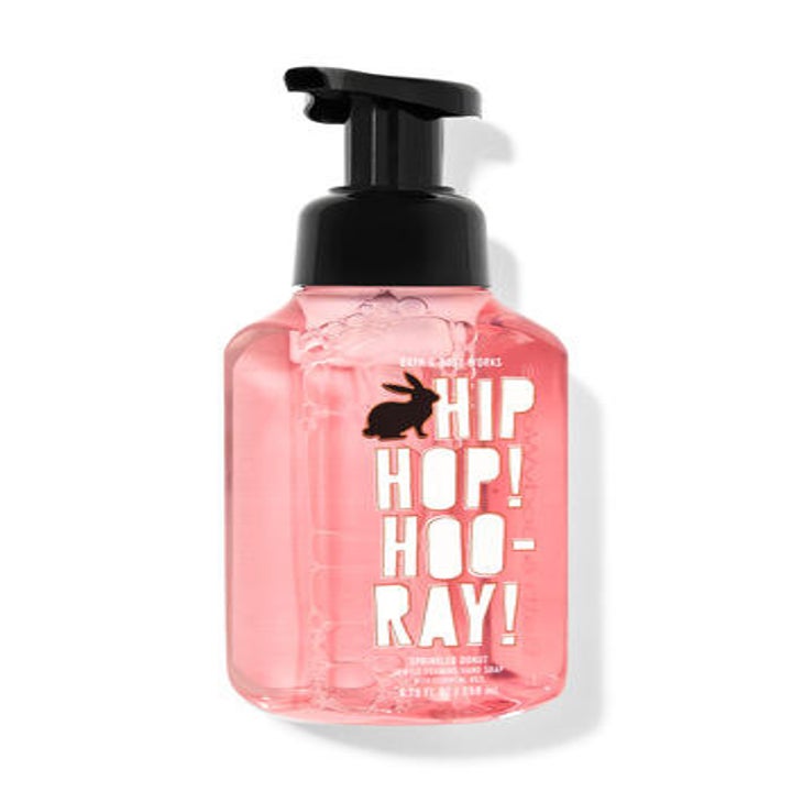 a pink foaming hand soap with "hip hop hoo-ray" and a bunny on it