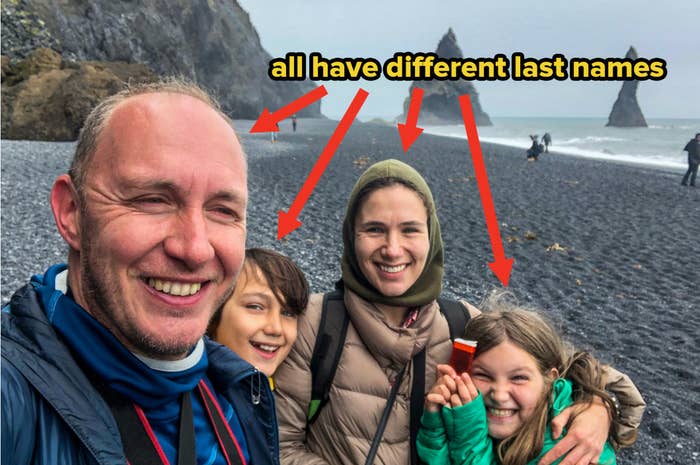 A family of four poses for a selfie on an Icelandic black beach with text explaining they all have different last names