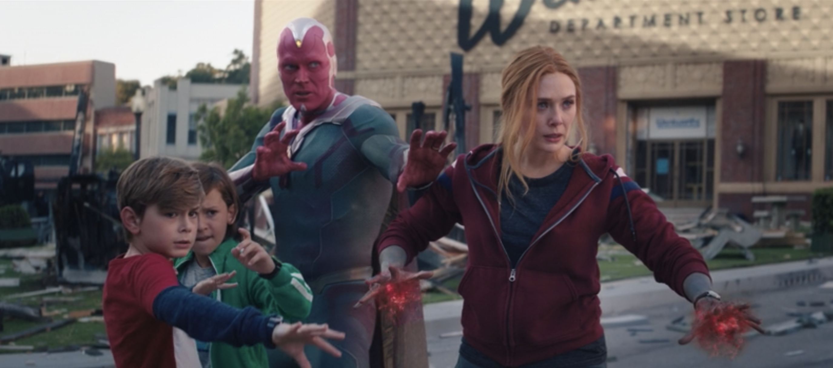 Wanda, Vision, Billy, and Tommy getting ready to fight