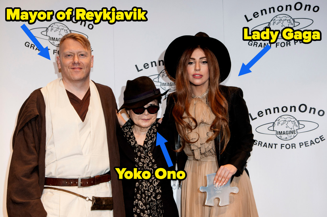 Jón Gnarr in a Jedi outfit stands next to Yoko Ono and Lady Gaga in a press photo