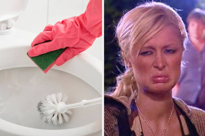 Scrubbing toilet and disgusted Paris Hilton