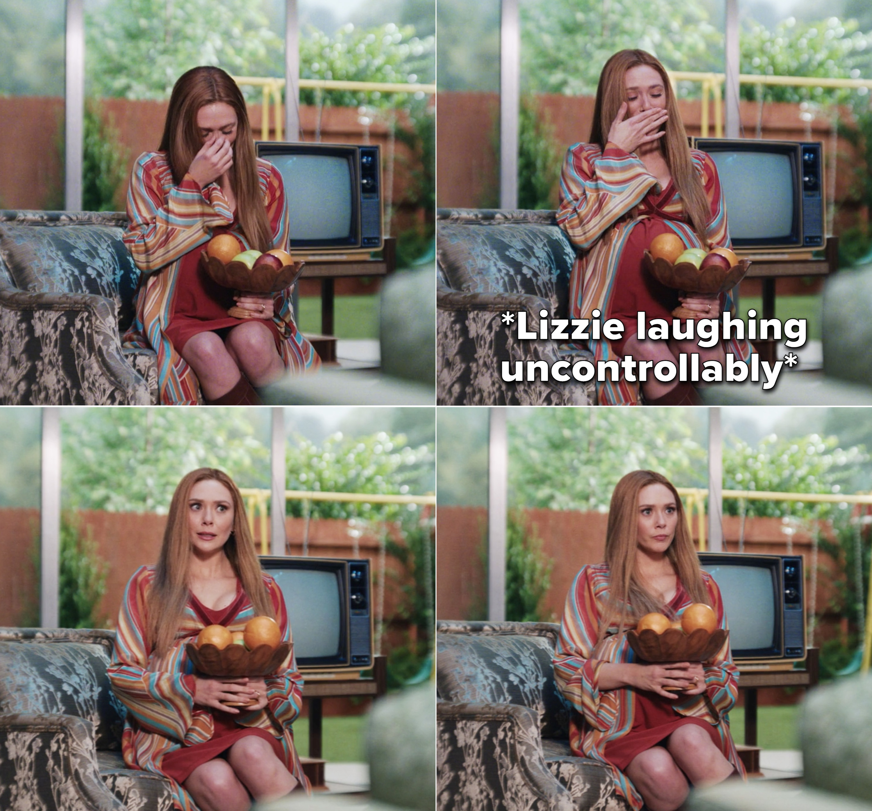 Elizabeth Olsen laughing while dressed as Wanda in the &#x27;70s holding a bowl of fruit