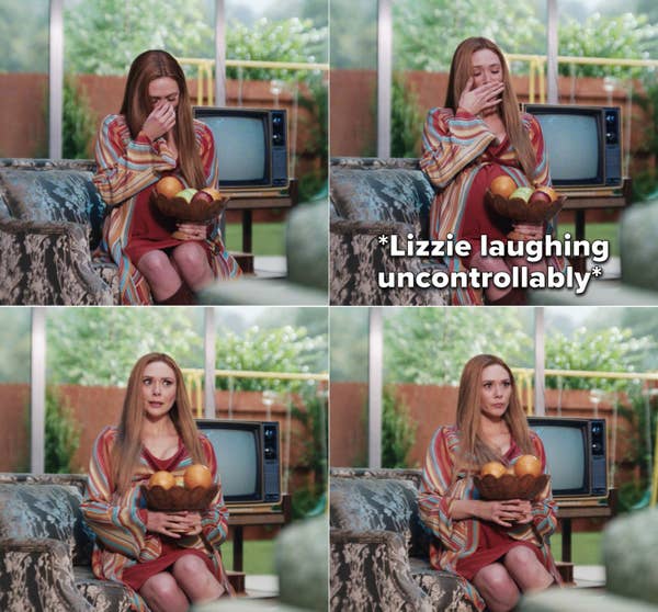 Elizabeth Olsen laughing while dressed as Wanda in the &#x27;70s holding a bowl of fruit
