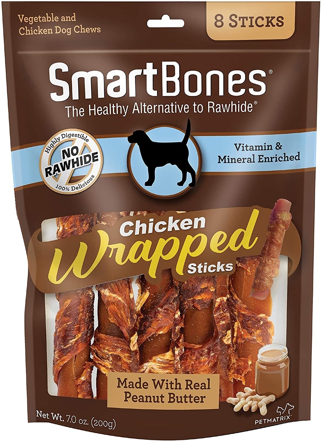 The bag of peanut butter, chicken-wrapped sticks