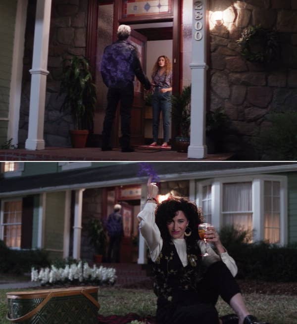 Agatha drinking wine while Wanda answers the door and sees Pietro