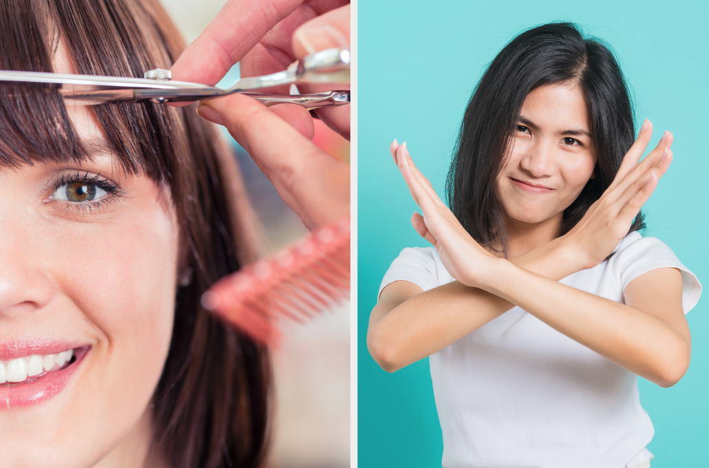 Girl getting bangs cut and girl crossing arms in an X