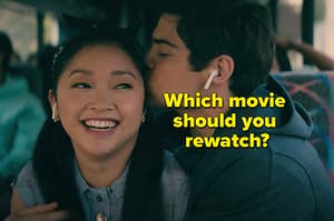 Lara Jean and Peter Kavinsky are kissing on the bus labeled, "Which movie should you rewatch?"