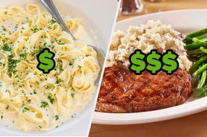 Fettuccini Alfredo with one dollar sign and a rib eye steak, mashed potatoes, and green beans with three dollar signs