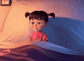 Animated little girl falling asleep in bed.
