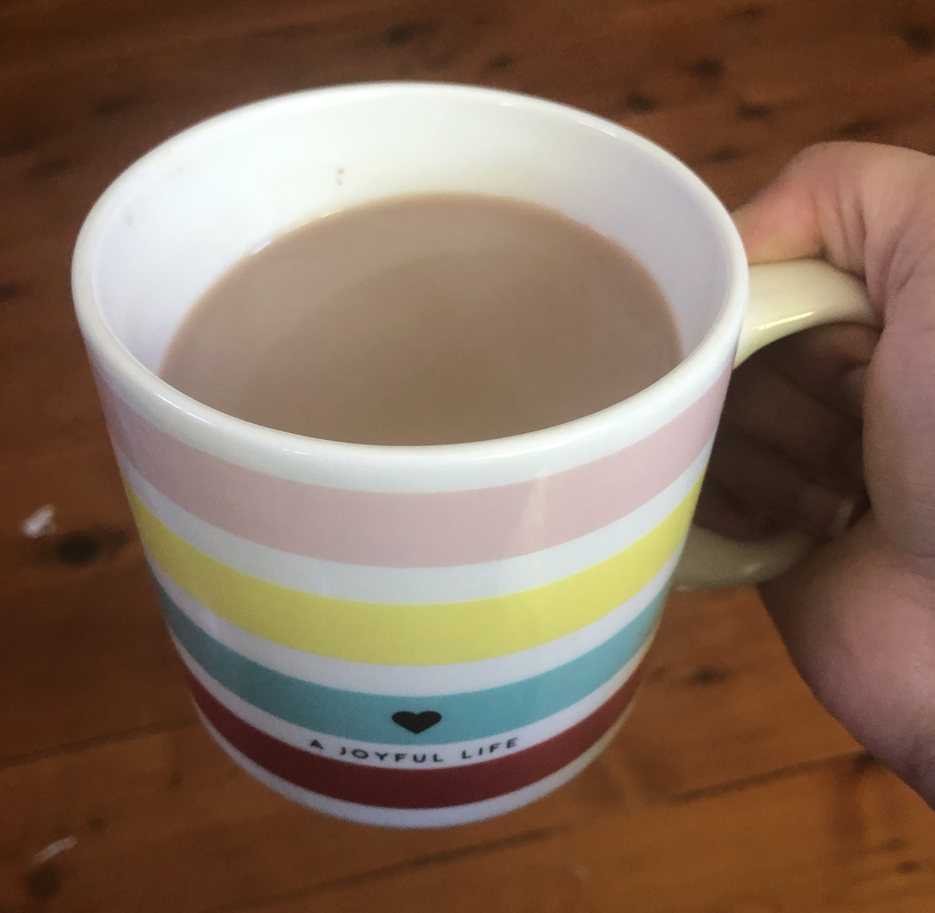 A hand holding a mug of weak and watery Milo
