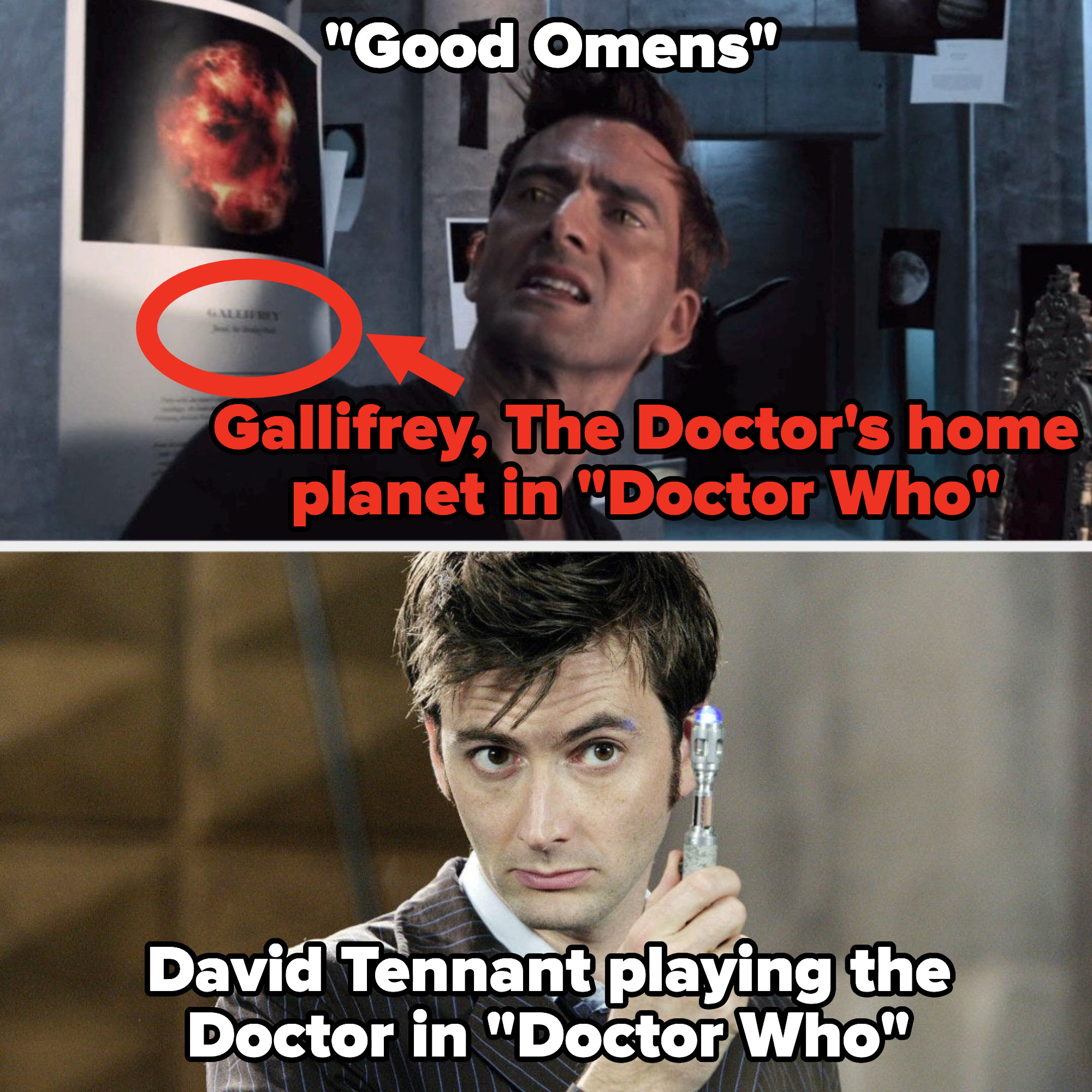 photo of Galligrey in the background of a Good Omens scene with david Tennant, and photo of david tennant in Doctor Whoe