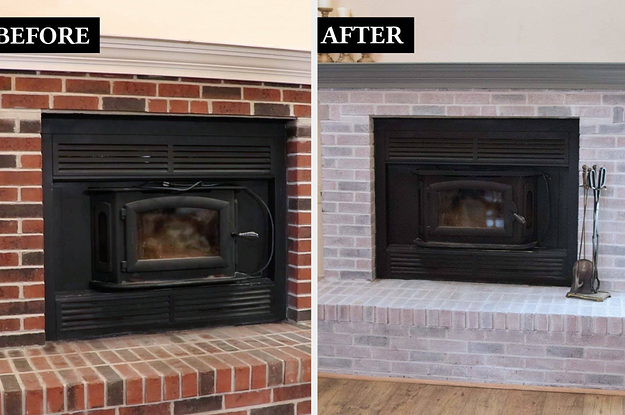 brick fireplace surround as the before, then the whitewashed