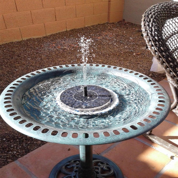 the solar fountain inside of a pool of water, turned on and working