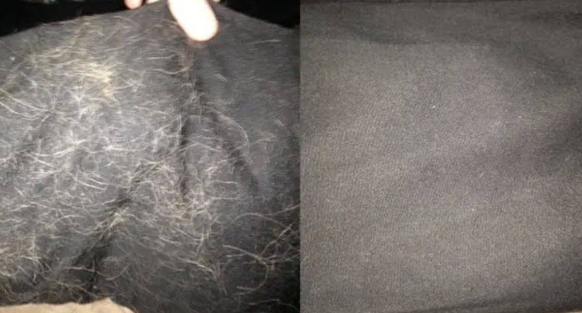 A before and after of a piece of furniture with fur on it