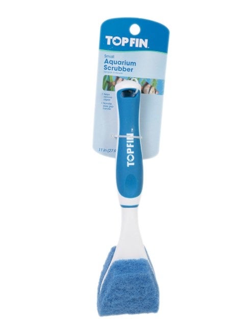 the scrubber in blue and white with the tag on the handle