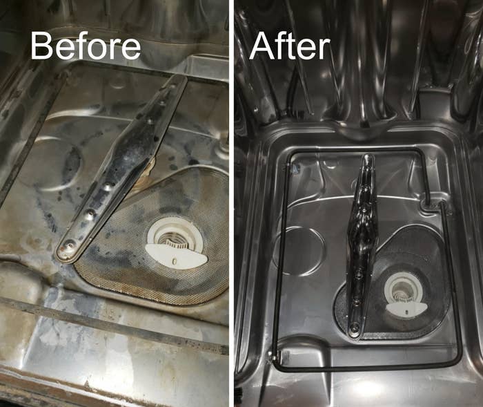 A customer review before and after photo of their dishwasher