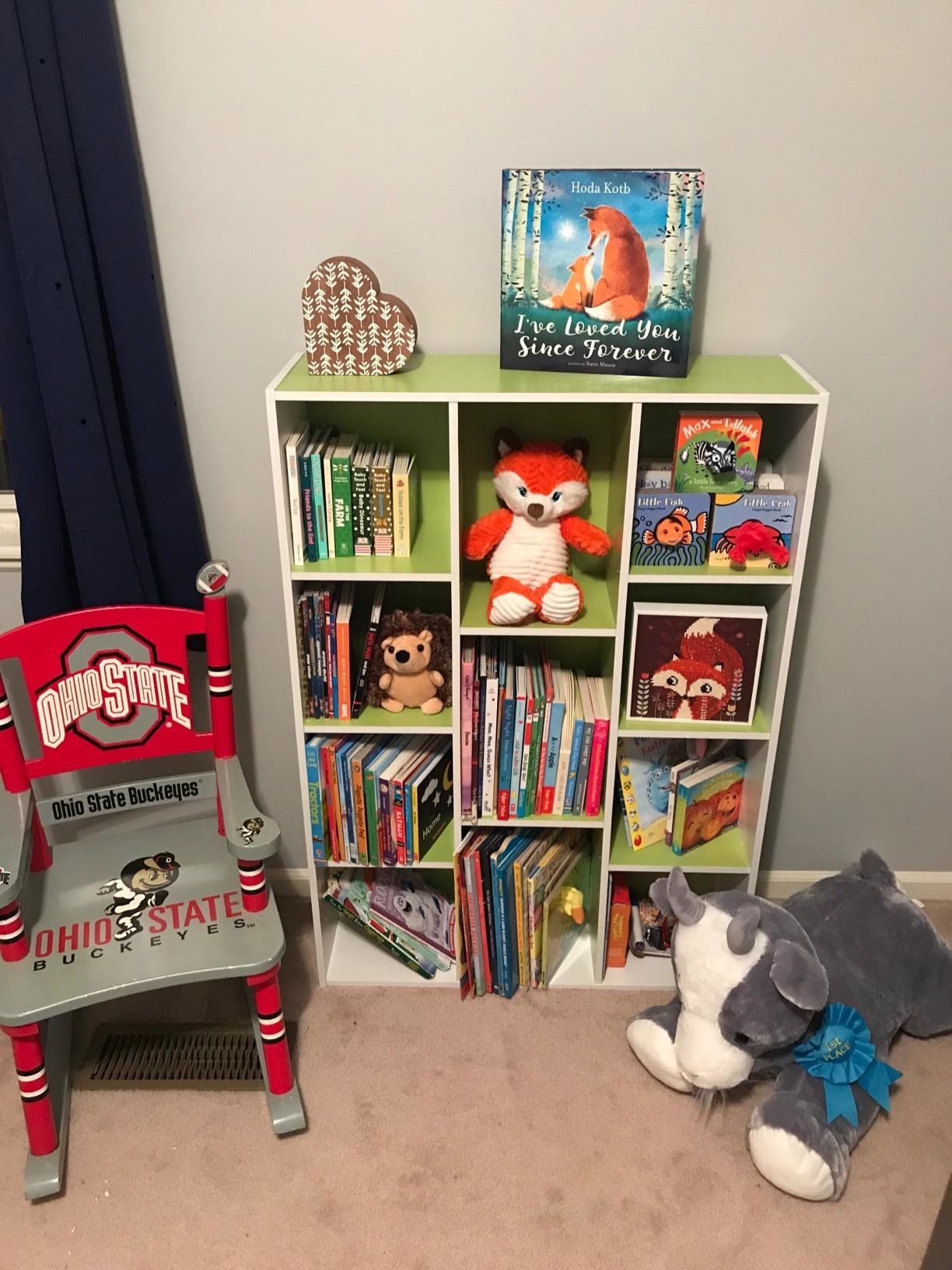 rectangular lime and white bookcase in a nursery