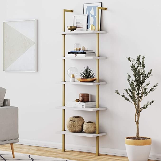 gold and white shelving unit