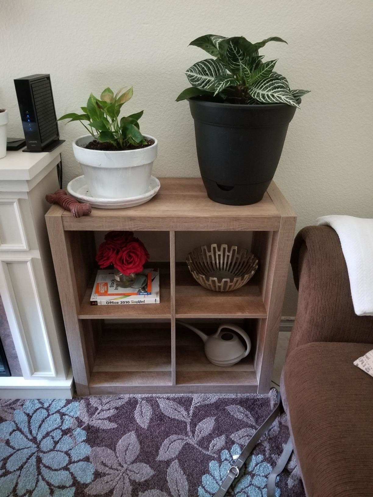 square two by two size light wood bookcase in a reviewer&#x27;s home