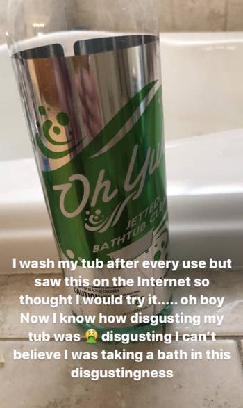 A reviewer's bottle of Oh Yuk Jetted Tub Cleaner and text talking about how despite cleaning their tub after every use it was still disgusting