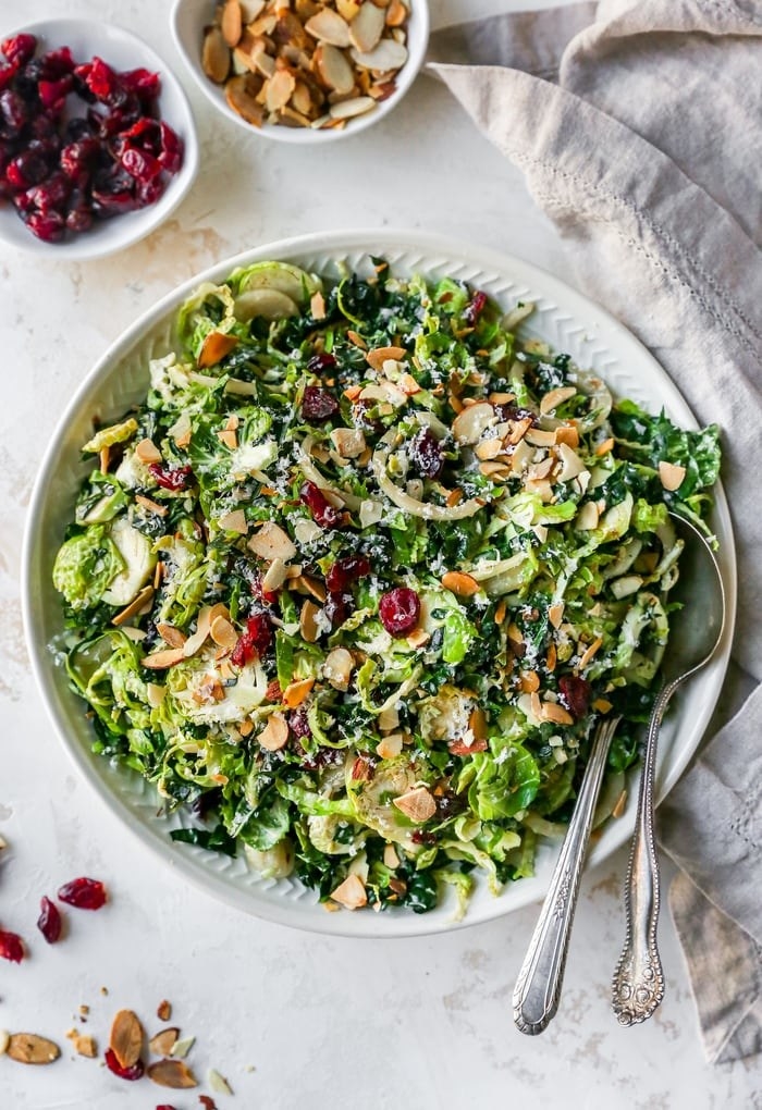 A kale and Brussels sprout salad with cranberries, Parmesan, and nuts. 