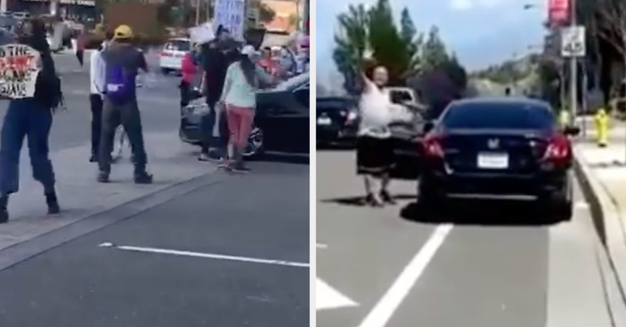 Man driving a car in a crowd against Asian violence near Los Angeles