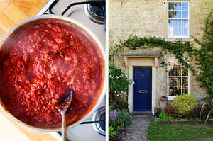 On the left, a pot of marinara on a stove, and on the right, the exterior of a cottage with vines growing around the door