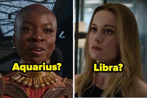 Danai Gurira as Okoye in the movie "Black Panther" and Brie Larson as Carol Danvers in the movie "Avengers: Endgame."