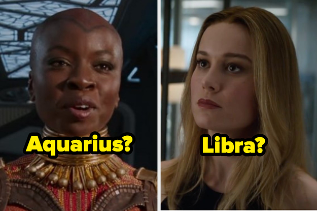 Danai Gurira as Okoye in the movie "Black Panther" and Brie Larson as Carol Danvers in the movie "Avengers: Endgame."