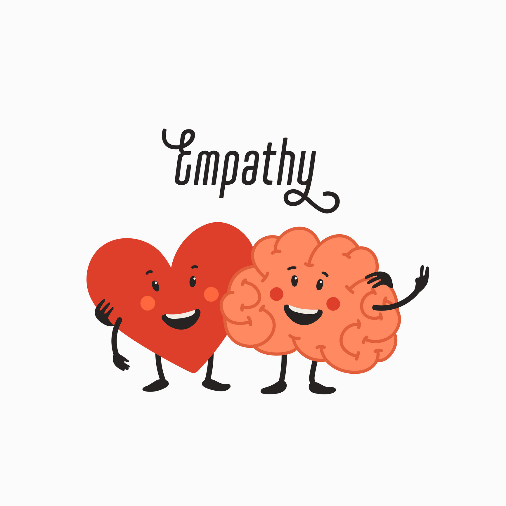 Vector illustration in flat cartoon style on white background of a heart and brain holding each other