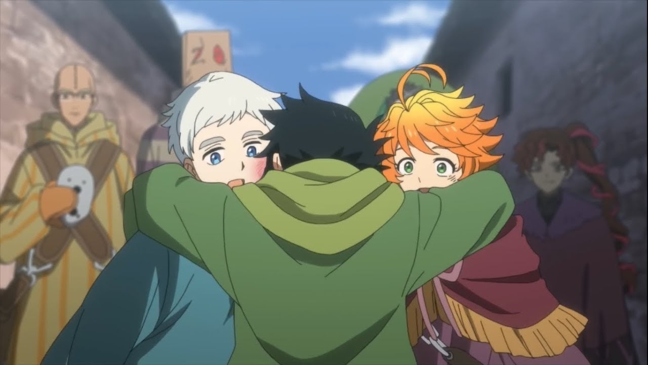 three animated characters hug