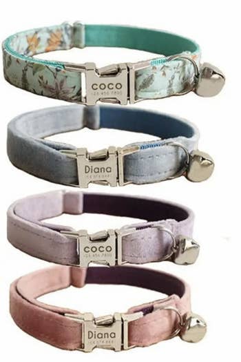 four collars in floral print, light blue, purple, and pink