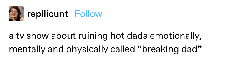 &quot;a tv show about ruining hot dads emotionally, mentally and physically called &#x27;breaking dad&#x27;&quot;