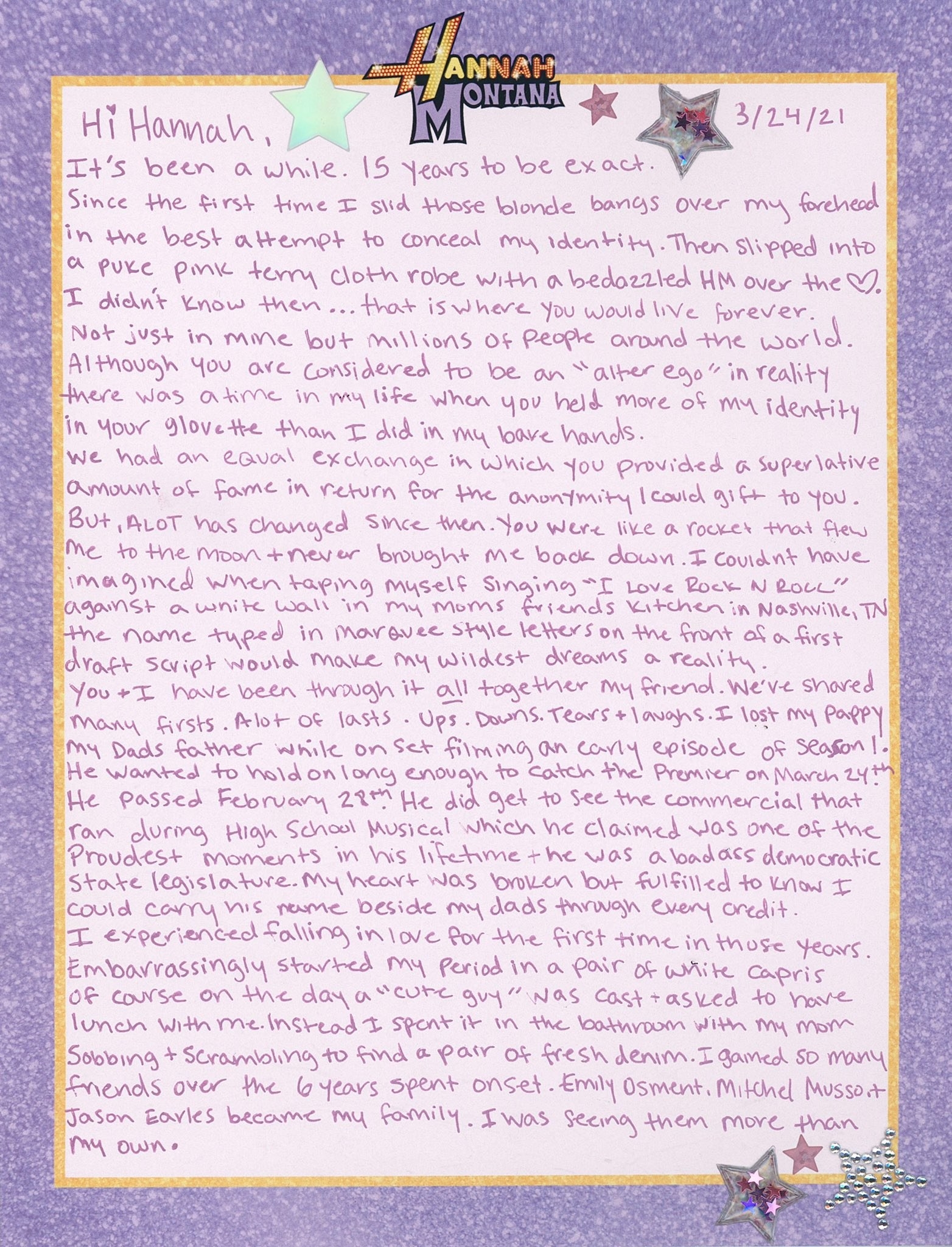 Miley&#x27;s handwritten letter