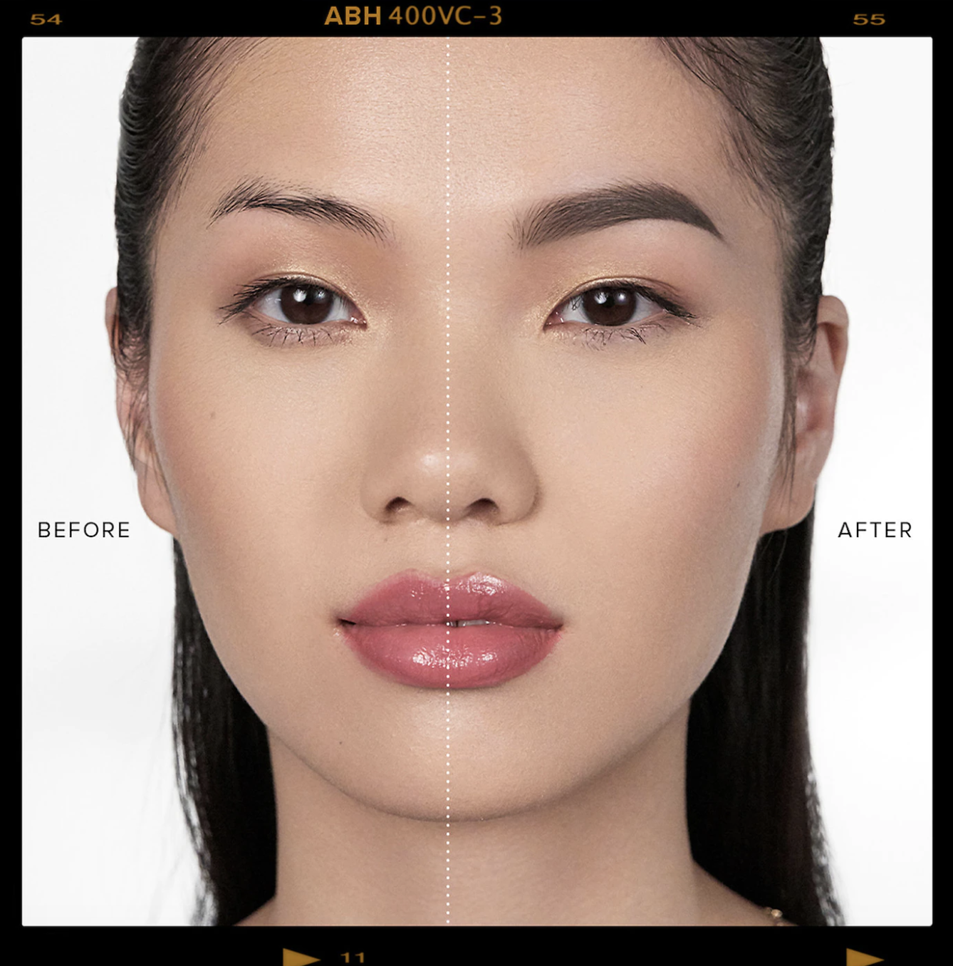 a before and after photo of a model which shows a more defined brow with product