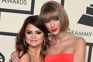 Selena Gomez (L) and Taylor Swift attend The 58th GRAMMY Awards