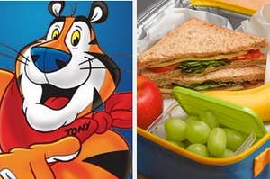 tony the tiger next to an image of a sandwich in a lunch box