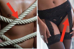 a man tied up with rope next to a woman wearing lingerie