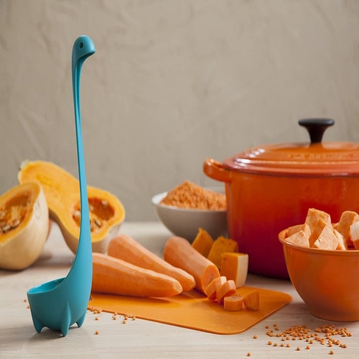 Nessie ladle placed on counter with food and cookware
