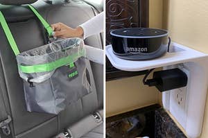 The trash bag attached to one of the head rests in the back seat of a car