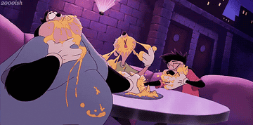 Gif of Max and friends in A Goofy Movie eating a plate of nachos