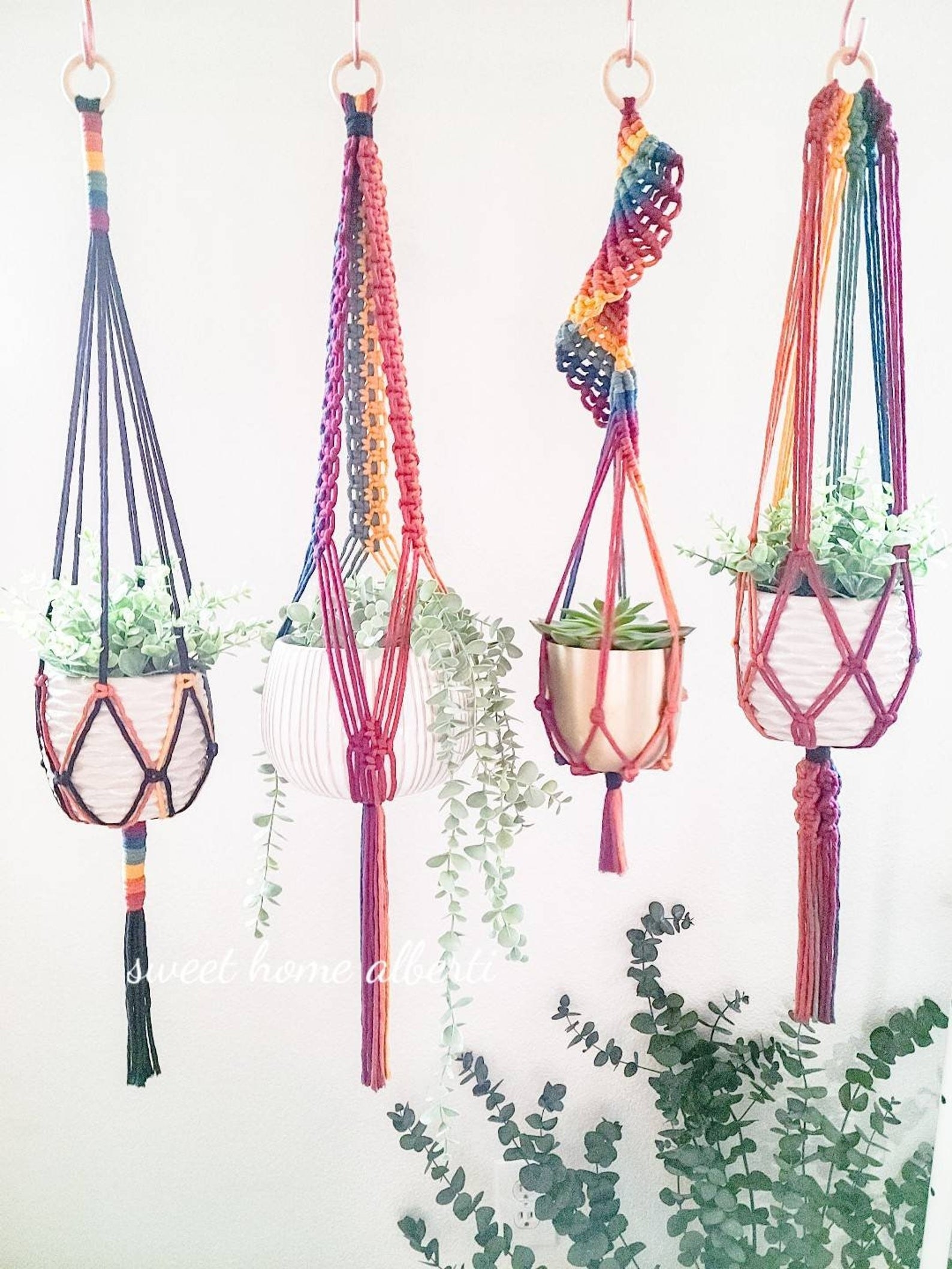 The four rainbow-colored hanging planters