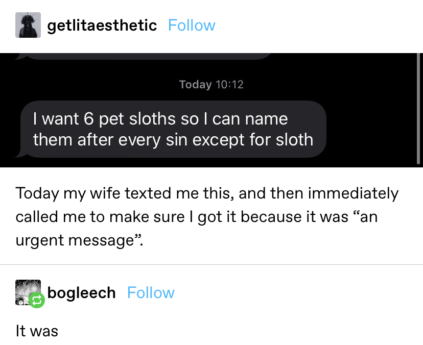 text saying &quot;I want 6 pet sloths so I can name them after every sin except for sloth&quot; and the caption &quot;today my wife texted me this, and then immediately called me to make sure I got it because it was &#x27;an urgent message&#x27;&quot; and someone says &quot;it was&quot;