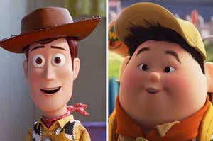 Woody from "Toy Story" is on the left with Russell from "Up" on the right