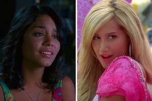 Gabriella is on the left looking sad with Sharpay looking fierce on the right