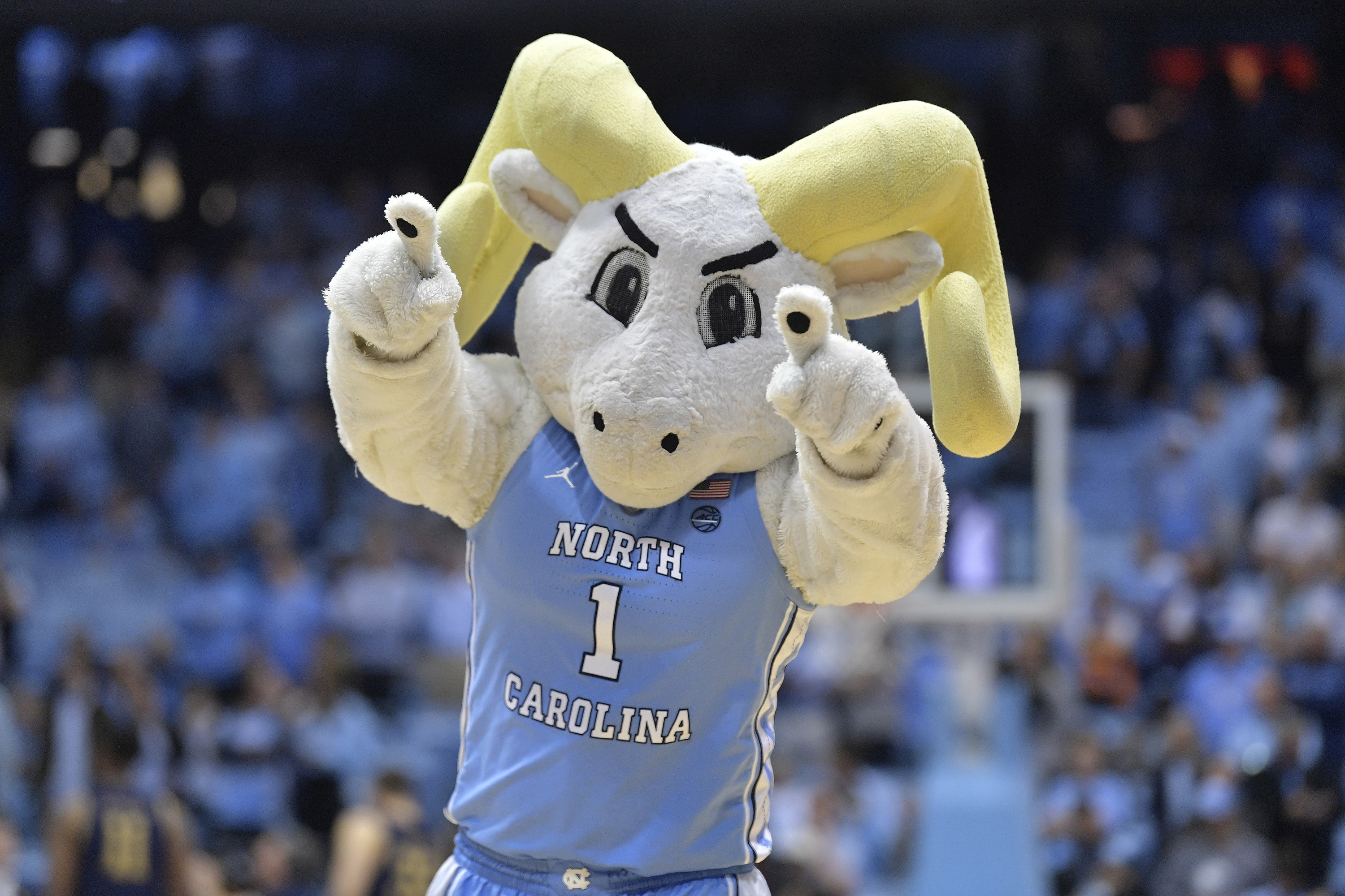 White ram mascot with yellow horns pointing at camera while wearing a baby blue North Carolina uniform.