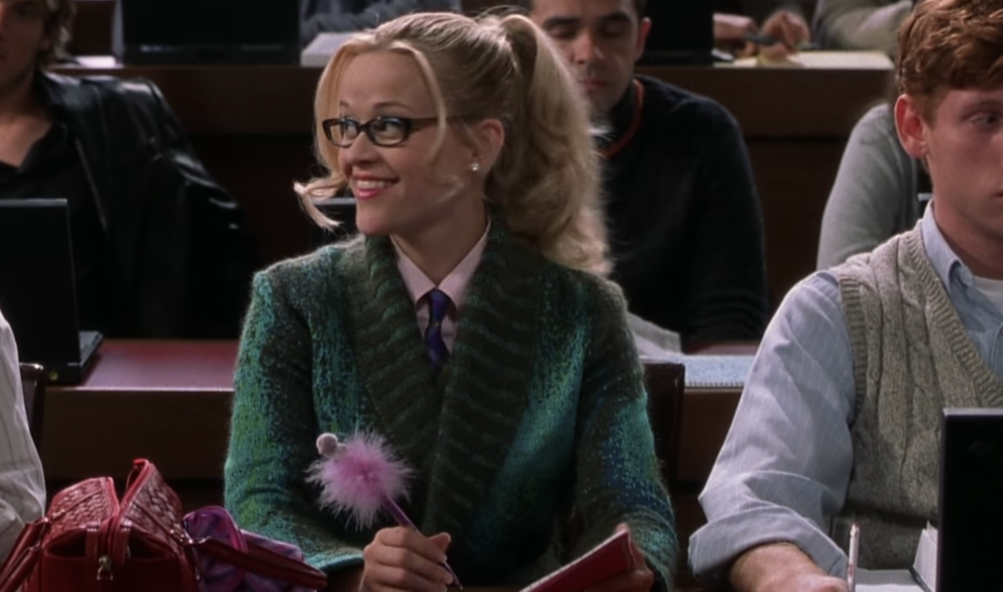 Elle Woods sitting in the front row of her first law class