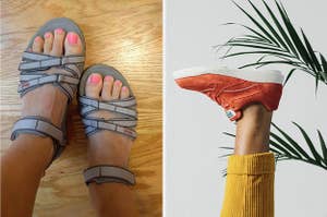 on left, reviewer in Teva sandals. on right, model wears copper/red walking suede sneakers 