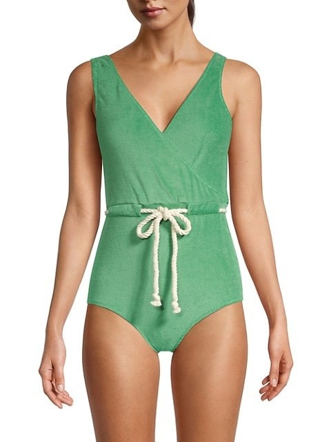 Green terrycloth v-neck swimsuit with cream colored drawstring